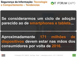 © Copyright 2014. DARYUS – São Paulo – Brasil. | www.daryus.com.br | +55 11 3285-6539 
•Wireless do desfibrilador desativado. 
•Medo de ciberterroristas. 
Dick Cheney 
Se considerarmos um ciclo de adoção parecido ao de smartphones e tablets... 
Aproximadamente 171 milhões de dispositivos devem estar nas mãos dos consumidores por volta de 2016. 
Segurança da Informação: Tecnologia e Comportamento – Tendencias  