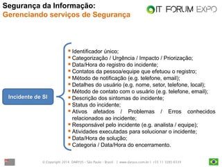 © Copyright 2014. DARYUS – São Paulo – Brasil. | www.daryus.com.br | +55 11 3285-6539 
Incidente de SI 
Identificador único; 
Categorização / Urgência / Impacto / Priorização; 
Data/Hora do registro do incidente; 
Contatos da pessoa/equipe que efetuou o registro; 
Método de notificação (e.g. telefone, email); 
Detalhes do usuário (e.g. nome, setor, telefone, local); 
Método de contato com o usuário (e.g. telefone, email); 
Descrição dos sintomas do incidente; 
Status do incidente; 
Ativos afetados / Problemas / Erros conhecidos relacionados ao incidente; 
Responsável pelo incidente (e.g. analista / equipe); 
Atividades executadas para solucionar o incidente; 
Data/Hora de solução; 
Categoria / Data/Hora do encerramento. 
Segurança da Informação: Gerenciando serviços de Segurança  
