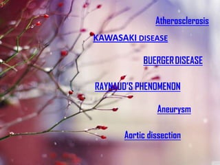Atherosclerosis
KAWASAKI DISEASE

           BUERGER DISEASE

RAYNAUD’S PHENOMENON

               Aneurysm

      Aortic dissection
 