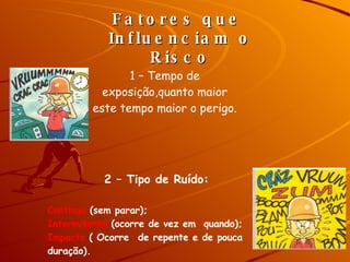 Fatores que  Influenciam o Risco 1 – Tempo de exposição,quanto maior este tempo maior o perigo. 2 – Tipo de Ruído: Continuo  (sem parar); Intermitente  (ocorre de vez em  quando); Impacto  ( Ocorre  de repente e de pouca duração).   
