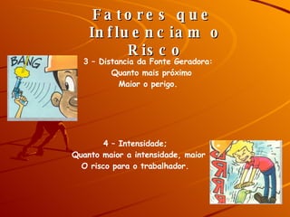 3 – Distancia da Fonte Geradora: Quanto mais próximo Maior o perigo. 4 – Intensidade; Quanto maior a intensidade, maior O risco para o trabalhador. Fatores que  Influenciam o Risco 