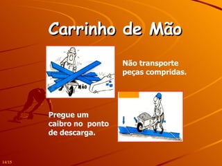 Carrinho de Mão   Não transporte peças compridas. Pregue um caibro no  ponto de descarga. 14/15 