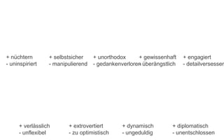 + nüchtern
- uninspiriert

+ selbstsicher
- manipulierend

+ verlässlich
- unflexibel

+ unorthodox
+ gewissenhaft
- gedankenverloren überängstlich
-

+ extrovertiert
- zu optimistisch

+ dynamisch
- ungeduldig

+ engagiert
- detailversessen

+ diplomatisch
- unentschlossen

 