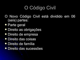 O Código Civil O Novo Código Civil está dividido em 06 (seis) partes:  Parte geral Direito as obrigações Direito de empresa Direito das coisas Direito de família Direito das sucessões 