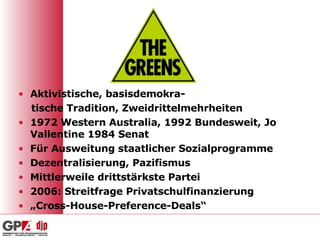 Aktivistische, basisdemokra- tische Tradition, Zweidrittelmehrheiten 1972 Western Australia, 1992 Bundesweit, Jo Vallentine 1984 Senat Für Ausweitung staatlicher Sozialprogramme Dezentralisierung, Pazifismus Mittlerweile drittstärkste Partei 2006: Streitfrage Privatschulfinanzierung „ Cross-House-Preference-Deals“ 