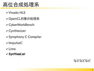 5
高位合成処理系
✔ Vivado HLS
✔ OpenCL対象の処理系
✔ CyberWorkBench
✔ Cynthesizer
✔ Symphony C Compiler
✔ ImpulseC
✔ Lime
✔ Synthesijer
などなどなど
 