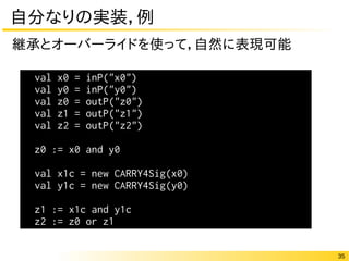 35
自分なりの実装，例
継承とオーバーライドを使って，自然に表現可能
val x0 = inP("x0")
val y0 = inP("y0")
val z0 = outP("z0")
val z1 = outP("z1")
val z2 = outP("z2")
z0 := x0 and y0
val x1c = new CARRY4Sig(x0)
val y1c = new CARRY4Sig(y0)
z1 := x1c and y1c
z2 := z0 or z1
 