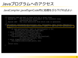 9
Javaプログラムへのアクセス
/** Generate code and emit a class file for a given class
* @param env The attribution environment of the outermost class
* containing this class.
* @param cdef The class definition from which code is generated.
*/
JavaFileObject genCode(Env<AttrContext> env, JCClassDecl cdef) throws IOException {
synthesijer.jcfrontend.Main.newModule(env, cdef); // add hook for synthesijer
try {
if (gen.genClass(env, cdef) && (errorCount() == 0))
return writer.writeClass(cdef.sym);
} catch (ClassWriter.PoolOverflow ex) {
log.error(cdef.pos(), "limit.pool");
} catch (ClassWriter.StringOverflow ex) {
log.error(cdef.pos(), "limit.string.overflow",
ex.value.substring(0, 20));
} catch (CompletionFailure ex) {
chk.completionError(cdef.pos(), ex);
}
return null;
}
JavaCompiler.javaのgenCode内に処理をぶら下げればよい
 