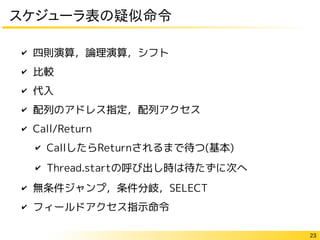 23
スケジューラ表の疑似命令
✔ 四則演算，論理演算，シフト
✔ 比較
✔ 代入
✔ 配列のアドレス指定，配列アクセス
✔ Call/Return
✔ CallしたらReturnされるまで待つ(基本)
✔ Thread.startの呼び出し時は待たずに次へ
✔ 無条件ジャンプ，条件分岐，SELECT
✔ フィールドアクセス指示命令
 