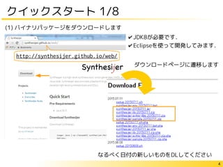 4
クイックスタート 1/8
(1) バイナリパッケージをダウンロードします
http://synthesijer.github.io/web/
なるべく日付の新しいものをDLしてください
ダウンロードページに遷移します
✔ JDK8が必要です．
✔ Eclipseを使って開発してみます．
 
