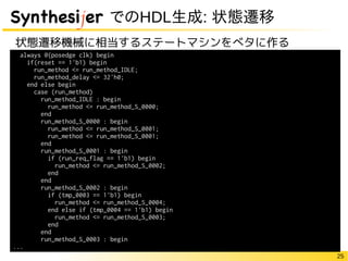 25
Synthesijer でのHDL生成: 状態遷移
状態遷移機械に相当するステートマシンをベタに作る
always @(posedge clk) begin
if(reset == 1'b1) begin
run_method <= run_method_IDLE;
run_method_delay <= 32'h0;
end else begin
case (run_method)
run_method_IDLE : begin
run_method <= run_method_S_0000;
end
run_method_S_0000 : begin
run_method <= run_method_S_0001;
run_method <= run_method_S_0001;
end
run_method_S_0001 : begin
if (run_req_flag == 1'b1) begin
run_method <= run_method_S_0002;
end
end
run_method_S_0002 : begin
if (tmp_0003 == 1'b1) begin
run_method <= run_method_S_0004;
end else if (tmp_0004 == 1'b1) begin
run_method <= run_method_S_0003;
end
end
run_method_S_0003 : begin
...
 