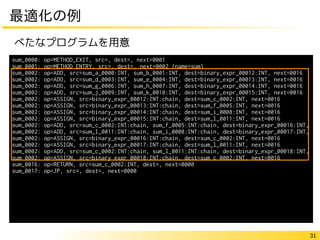 31
最適化の例
べたなプログラムを用意
sum_0000: op=METHOD_EXIT, src=, dest=, next=0001
sum_0001: op=METHOD_ENTRY, src=, dest=, next=0002 (name=sum)
sum_0002: op=ADD, src=sum_a_0000:INT, sum_b_0001:INT, dest=binary_expr_00012:INT, next=0016
sum_0002: op=ADD, src=sum_d_0003:INT, sum_e_0004:INT, dest=binary_expr_00013:INT, next=0016
sum_0002: op=ADD, src=sum_g_0006:INT, sum_h_0007:INT, dest=binary_expr_00014:INT, next=0016
sum_0002: op=ADD, src=sum_j_0009:INT, sum_k_0010:INT, dest=binary_expr_00015:INT, next=0016
sum_0002: op=ASSIGN, src=binary_expr_00012:INT:chain, dest=sum_c_0002:INT, next=0016
sum_0002: op=ASSIGN, src=binary_expr_00013:INT:chain, dest=sum_f_0005:INT, next=0016
sum_0002: op=ASSIGN, src=binary_expr_00014:INT:chain, dest=sum_i_0008:INT, next=0016
sum_0002: op=ASSIGN, src=binary_expr_00015:INT:chain, dest=sum_l_0011:INT, next=0016
sum_0002: op=ADD, src=sum_c_0002:INT:chain, sum_f_0005:INT:chain, dest=binary_expr_00016:INT,
sum_0002: op=ADD, src=sum_l_0011:INT:chain, sum_i_0008:INT:chain, dest=binary_expr_00017:INT,
sum_0002: op=ASSIGN, src=binary_expr_00016:INT:chain, dest=sum_c_0002:INT, next=0016
sum_0002: op=ASSIGN, src=binary_expr_00017:INT:chain, dest=sum_l_0011:INT, next=0016
sum_0002: op=ADD, src=sum_c_0002:INT:chain, sum_l_0011:INT:chain, dest=binary_expr_00018:INT,
sum_0002: op=ASSIGN, src=binary_expr_00018:INT:chain, dest=sum_c_0002:INT, next=0016
sum_0016: op=RETURN, src=sum_c_0002:INT, dest=, next=0000
sum_0017: op=JP, src=, dest=, next=0000
 