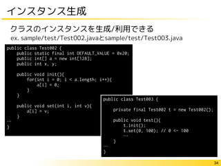 34
インスタンス生成
クラスのインスタンスを生成/利用できる
public class Test002 {
public static final int DEFAULT_VALUE = 0x20;
public int[] a = new int[128];
public int x, y;
public void init(){
for(int i = 0; i < a.length; i++){
a[i] = 0;
}
}
public void set(int i, int v){
a[i] = v;
}
…
}
ex. sample/test/Test002.javaとsample/test/Test003.java
public class Test003 {
private final Test002 t = new Test002();
public void test(){
t.init();
t.set(0, 100); // 0 <- 100
…
}
…
}
 