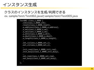 35
インスタンス生成
クラスのインスタンスを生成/利用できる
ex. sample/test/Test002.javaとsample/test/Test003.java
Test002 class_t_0000 (
.clk(class_t_0000_clk),
.reset(class_t_0000_reset),
.a_address(class_t_0000_a_address),
.a_we(class_t_0000_a_we),
.a_oe(class_t_0000_a_oe),
.a_din(class_t_0000_a_din),
.a_dout(class_t_0000_a_dout),
.a_length(class_t_0000_a_length),
…
.set_i(class_t_0000_set_i),
.set_v(class_t_0000_set_v),
…
.init_req(class_t_0000_init_req),
.init_busy(class_t_0000_init_busy),
…
.set_req(class_t_0000_set_req),
.set_busy(class_t_0000_set_busy),
…
);
 