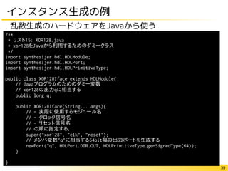 39
インスタンス生成の例
乱数生成のハードウェアをJavaから使う
/**
* リスト15: XOR128.java
* xor128をJavaから利用するためのダミークラス
*/
import synthesijer.hdl.HDLModule;
import synthesijer.hdl.HDLPort;
import synthesijer.hdl.HDLPrimitiveType;
public class XOR128Iface extends HDLModule{
// Javaプログラムのためのダミー変数
// xor128の出力qに相当する
public long q;
public XOR128Iface(String... args){
// - 実際に使用するモジュール名
// - クロック信号名
// - リセット信号名
// の順に指定する．
super("xor128", "clk", "reset");
// メンバ変数"q"に相当する64bit幅の出力ポートを生成する
newPort("q", HDLPort.DIR.OUT, HDLPrimitiveType.genSignedType(64));
}
}
 