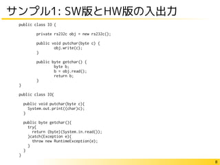 8
サンプル1: SW版とHW版の入出力
public class IO {
private rs232c obj = new rs232c();
public void putchar(byte c) {
obj.write(c);
}
public byte getchar() {
byte b;
b = obj.read();
return b;
}
}
public class IO{
public void putchar(byte c){
System.out.print((char)c);
}
public byte getchar(){
try{
return (byte)(System.in.read());
}catch(Exception e){
throw new RuntimeException(e);
}
}
}
 