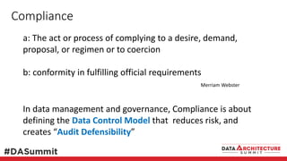 Compliance
a: The act or process of complying to a desire, demand,
proposal, or regimen or to coercion
b: conformity in fulfilling official requirements
Merriam Webster
In data management and governance, Compliance is about
defining the Data Control Model that reduces risk, and
creates “Audit Defensibility”
 
