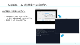 ACRiルーム 利用までのながれ
11
(2) 予約した時間にログイン
- sshでgw.acri.c.titech.ac.jpにログイン
→ ログイン用の踏み台マシンにログイン
- 目的のサーバーにsshでログイン
 