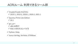 ACRiルーム 利用できるツール群
13
✓ Vivado/Vivado HLS/Vitis
✓ 2019.1, 2019.2, 2020.1, 2020.2, 2021.1
✓ Quartus Prime Lite Edition
✓ 20.1
✓ gcc, g++
✓ x86-64向け
✓ RISC-Vクロスコンパイラ
✓ Python, Ruby
✓ Icarus Verilog, Verilator, GTKWave
 