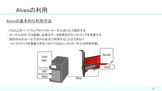 42
Alveoの利用
PCIe
Kernel
User
App.
XRT
XOCL
Alveoの基本的な利用方法
- FPGA上のハードウェアロジック(= カーネル)をVitisで設計する
- カーネルのロードと起動、必要なデータ授受を行うソフトウェアを用意する
- 現状のACRiルームではFPGAを生で利用することはできない
- RTLでロジックを実装できないわけではない。RTLカーネルは利用可能。
Shell
 