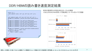 51
DDR/HBMの読み書き速度測定結果
extern "C" {
void vadd(int count, int* a_0, int* b_0, int* c_0 );
}
void vadd(int count, int* a_0, int* b_0, int* c_0 ) {
#pragma HLS INTERFACE s_axilite port=count bundle=control
//
#pragma HLS INTERFACE m_axi port=a_0 offset=slave
#pragma HLS INTERFACE s_axilite port=a_0 bundle=control
#pragma HLS INTERFACE m_axi port=b_0 offset=slave
#pragma HLS INTERFACE s_axilite port=b_0 bundle=control
#pragma HLS INTERFACE m_axi port=c_0 offset=slave
#pragma HLS INTERFACE s_axilite port=c_0 bundle=control
//
#pragma HLS INTERFACE s_axilite port=return bundle=control
for(int I = 0; I < count; i++){
#pragma HLS PIPELINE
c_0[i] = a_0[i] + b_0[i];
}
}
配列の要素同士の和を求めるカーネルを実装
U280上のDDR/HBMを使って性能測定, カーネルを9パラで実装
森隼人, 三好健文, 大川猛, "FPGAによる離散イベント駆動型シミュレータ実装に向けた性能評価", 信学技報, vol. 120, no. 435, CPSY2020-53, pp. 19-24, 2021年3月.
 