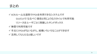 53
✓ ACRiルームは遠隔でFPGAを利用できるシステムです
GUI/CUIで（なるべく）普段と同じようなスタイルで利用可能
リソースをユーザごとに隔離したサンドボックス
✓ 無償で利用可能です
✓ 手元にFPGAがないながら、結構いろいろなことができます
✓ 活用してもらえると嬉しいです
まとめ
 