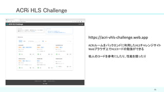 55
ACRi HLS Challenge
https://acri-vhls-challenge.web.app
ACRiルームをバックエンドに利用したHLSチャレンジサイト
Webブラウザ上でHLSコードの勉強ができる
他人のコードを参考にしたり、性能を競ったり
 