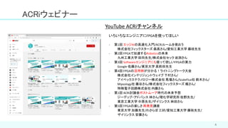6
ACRiウェビナー
いろいろなエンジニアにFPGAを使ってほしい
- 第1回 エッジAIの高速化入門/ACRiルームを使おう
株式会社フィックスターズ 森高さん/愛知工業大学 藤枝先生
- 第2回 FPGAで加速するRoboticsの未来
九州工業大学 田向先生/株式会社セック 岩渕さん
- 第3回 Softwareエンジニアにも使って欲しいFPGAの実力
Google 佐藤さん/東京大学 高前田先生
- 第4回 FPGAの活用例が分かる！ライトニングトーク大会
株式会社インテリジェントウェイブ 下村さん/
アイベックステクノロジー株式会社 馬場さん/ScaleFlux社 鈴木さん/
Mipsology社 藤谷さん/株式会社フィックスターズ 梶さん/
特殊電子回路株式会社 内藤さん
- 第1回 ACRi討論会ポストムーア時代の未来予想
ジーデップ・アドバンス 林さん/理化学研究所 佐野先生/
東京工業大学 中原先生/ザイリンクス 林田さん
- 第5回 FPGAの楽しさ 再発見講座
東京大学 加藤先生/わさらぼ 三好/愛知工業大学 藤枝先生/
ザイリンクス 安藤さん
YouTube ACRiチャンネル
 