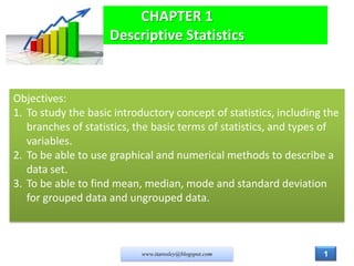 CHAPTER 1
Descriptive Statistics

Objectives:
1. To study the basic introductory concept of statistics, including the
branches of statistics, the basic terms of statistics, and types of
variables.
2. To be able to use graphical and numerical methods to describe a
data set.
3. To be able to find mean, median, mode and standard deviation
for grouped data and ungrouped data.

www.itarosley@blogspot.com

1

 