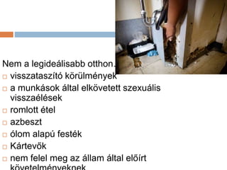 Nem a legideálisabb otthon…
 visszataszító körülmények
 a munkások által elkövetett szexuális
visszaélések
 romlott étel
 azbeszt
 ólom alapú festék
 Kártevők
 nem felel meg az állam által előírt
 