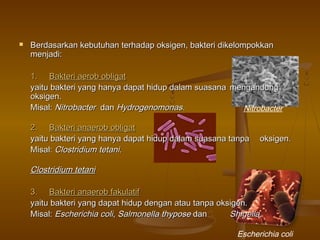  Berdasarkan kebutuhan terhadap oksigen, bakteri dikelompokkanBerdasarkan kebutuhan terhadap oksigen, bakteri dikelompokkan
menjadi:menjadi:
1.1. Bakteri aerob obligatBakteri aerob obligat
yaitu bakteri yang hanya dapat hidup dalam suasanayaitu bakteri yang hanya dapat hidup dalam suasana mengandungmengandung
oksigen.oksigen.
Misal:Misal: NitrobacterNitrobacter dandan HydrogenomonasHydrogenomonas..
2.2. Bakteri anaerob obligatBakteri anaerob obligat
yaitu bakteri yang hanya dapat hidup dalam suasana tanpayaitu bakteri yang hanya dapat hidup dalam suasana tanpa oksigen.oksigen.
Misal:Misal: ClostridiumClostridium tetanitetani..
ClostridiumClostridium tetanitetani
3.3. Bakteri anaerob fakulatifBakteri anaerob fakulatif
yaitu bakteri yang dapat hidup dengan atau tanpa oksigen.yaitu bakteri yang dapat hidup dengan atau tanpa oksigen.
Misal:Misal: EscherichiaEscherichia colicoli,, SalmonellaSalmonella thyposethypose dandan ShigellaShigella..
Nitrobacter
Escherichia coli
 