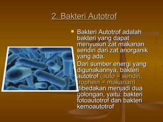 2. Bakteri Autotrof2. Bakteri Autotrof
 Bakteri Autotrof adalahBakteri Autotrof adalah
bakteri yang dapatbakteri yang dapat
menyusun zat makananmenyusun zat makanan
sendiri dari zat anorganiksendiri dari zat anorganik
yang ada.yang ada.
 Dari sumber energi yangDari sumber energi yang
digunakannya, bakteridigunakannya, bakteri
autotrofautotrof (auto = sendiri,(auto = sendiri,
trophein = makanan)trophein = makanan)
dibedakan menjadi duadibedakan menjadi dua
golongan, yaitu: bakterigolongan, yaitu: bakteri
fotoautotrof dan bakterifotoautotrof dan bakteri
kemoautotrofkemoautotrof
 