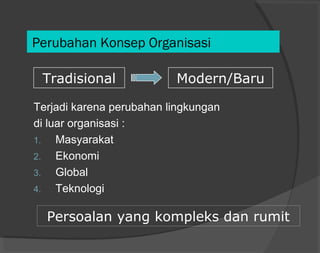 Perubahan Konsep Organisasi
Terjadi karena perubahan lingkungan
di luar organisasi :
1. Masyarakat
2. Ekonomi
3. Global
4. Teknologi
Tradisional Modern/Baru
Persoalan yang kompleks dan rumit
 