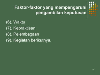 20
Faktor-faktor yang mempengaruhi
pengambilan keputusan
(6). Waktu
(7). Kepraktisan
(8). Pelembagaan
(9). Kegiatan berikutnya.
 