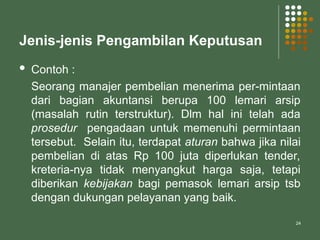 24
Jenis-jenis Pengambilan Keputusan
 Contoh :
Seorang manajer pembelian menerima per-mintaan
dari bagian akuntansi berupa 100 lemari arsip
(masalah rutin terstruktur). Dlm hal ini telah ada
prosedur pengadaan untuk memenuhi permintaan
tersebut. Selain itu, terdapat aturan bahwa jika nilai
pembelian di atas Rp 100 juta diperlukan tender,
kreteria-nya tidak menyangkut harga saja, tetapi
diberikan kebijakan bagi pemasok lemari arsip tsb
dengan dukungan pelayanan yang baik.
 