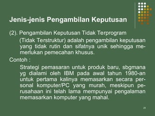 25
Jenis-jenis Pengambilan Keputusan
(2). Pengambilan Keputusan Tidak Terprogram
(Tidak Terstruktur) adalah pengambilan keputusan
yang tidak rutin dan sifatnya unik sehingga me-
merlukan pemecahan khusus.
Contoh :
Strategi pemasaran untuk produk baru, sbgmana
yg dialami oleh IBM pada awal tahun 1980-an
untuk pertama kalinya memasarkan secara per-
sonal komputer/PC yang murah, meskipun pe-
rusahaan ini telah lama mempunyai pengalaman
memasarkan komputer yang mahal.
 