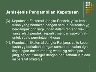 30
Jenis-jenis Pengambilan Keputusan
(3). Keputusan Eksternal Jangka Pendek, yaitu kepu-
tusan yang berkaitan dengan semua persoalan yg
berdampak dgn lingkungan dalam rentang waktu
yang relatif pendek, seperti : mencari subkontrak
untuk suatu permintaan khusus.
(4). Keputusan Eksternal Jangka Panjang, yaitu kepu-
tusan yg berkaitan dengan semua persoalan dgn
lingkungan dalam rentang waktu yg relatif pan-
jang, seperti : merger dengan perusahaan lain dan
ini bersifat strategis.
 