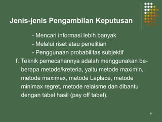 40
Jenis-jenis Pengambilan Keputusan
- Mencari informasi lebih banyak
- Melalui riset atau penelitian
- Penggunaan probabilitas subjektif
f. Teknik pemecahannya adalah menggunakan be-
berapa metode/kreteria, yaitu metode maximin,
metode maximax, metode Laplace, metode
minimax regret, metode relaisme dan dibantu
dengan tabel hasil (pay off tabel).
 