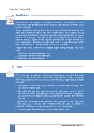Dasar-dasar Perbankan Jilid 2
Direktorat Pembinaan SMK (2013)
100
c. Rangkuman
Dalam sistem pembayaran tidak dapat dipisahkan dari adanya lalu lintas
pembayaran baik pembayaran tunai maupun pembayaran elektronis yang
bersifat nontunai.
Setiap transaksi akan mengakibatkan terjadinya lalu lintas pembayaran. Jadi
disini dapat diartikan bahwa lalu lintas pembayaran (LLP) adalah proses
penyelesaian pembayaran transaksi komersial atau financial dari pembayar
kepada penerimanya. Sedangkan lalu lintas pembayaran giral dapat
diartikan sebagai suatu proses kegiatan pembayaran dengan warkat atau
nota kliring yang dilakukan dengan cara saling memperhitungkan antar
bank, baik atas beban maupun untuk keuntungan nasabah.
Adapun lalu lintas pembayaran tersebut dapat dibagi menjadi tiga jenis,
yaitu:
1. Lalu lintas pembayaran dengan cek.
2. Lalu lintas pembayaran dengan giro.
3. Lalu lintas pembayaran kliring.
d. Tugas
Pada dasarnya pembayaran yang terjadi akibat adanya transaksi. Transaksi
ekonomi setiap hari dapat ditemukan dalam jumlah besar baik yang
menyangkut barang dan jasa. Secara umum transaksi dapat dibagi menjadi
dua, yaitu:
a. Transaksi Komersial yaitu yang termasuk di dalamnya perdagangan atau
jual beli barang dan jasa.
b. Transaksi finansial yaitu yang termasuk di dalamnya pemberian kredit,
penanaman modal, perdagangan valas, pembelian saham, menyimpan
uang dalam bentuk deposito berjangka, pembelian obligasi, dan transaksi
transfer.
Tugas kalian sekarang adalah mencari dari berbagai sumber yang ada
contoh transaksi komersial dan transaksi finansial yang di dalamnya
melibatkan lalu lintas pembayaran dengan cek, giro, maupun kliring.
Kumpulkan tugas dan presentasikan hasilnya di depan kelas.
 
