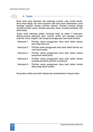 Dasar-dasar Perbankan Jilid 2
Direktorat Pembinaan SMK (2013)
110
d. Tugas
Dana bank yang diperoleh dari beberapa sumber, yaitu modal sendiri,
dana pihak ketiga, dan dana pinjaman oleh bank akan dialokasikan untuk
berbagai kegiatan dengan prioritas tertentu. Prioritas tersebut terbagi
menjadi prioritas utama, prioritas sekunder, kredit, investasi portofolio, dan
aktiva tetap.
Tugas anda sekarang adalah membagi kelas ke dalam 5 kelompok.
Masing-masing kelompok akan mencari artikel dari berbagai sumber
(internet, koran, majalah, dll) mengenai penggunaan dana bank tersebut.
Kelompok 1. Prioritas utama penggunaan dana bank dalam bentuk
Giro Wajib Minimum.
Kelompok 2. Prioritas utama penggunaan dana bank dalam bentuk non
cash liquid assets.
Kelompok 3. Prioritas utama penggunaan dana bank dalam bentuk
penyaluran kredit (loan).
Kelompok 4. Prioritas utama penggunaan dana bank dalam bentuk
investasi portofolio (portfolio investment).
Kelompok 5. Prioritas utama penggunaan dana bank dalam bentuk
aktiva tetap (fixed assets).
Kumpulkan artikel yang telah didapat dan presentasikan di depan kelas.
 