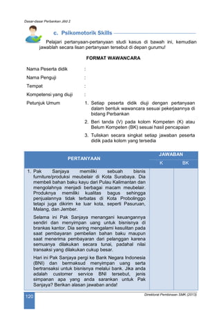 Dasar-dasar Perbankan Jilid 2
Direktorat Pembinaan SMK (2013)
120
c. Psikomotorik Skills
Pelajari pertanyaan-pertanyaan studi kasus di bawah ini, kemudian
jawablah secara lisan pertanyaan tersebut di depan gurumu!
FORMAT WAWANCARA
Nama Peserta didik :
Nama Penguji :
Tempat :
Kompetensi yang diuji :
Petunjuk Umum 1. Setiap peserta didik diuji dengan pertanyaan
dalam bentuk wawancara sesuai pekerjaannya di
bidang Perbankan
2. Beri tanda (V) pada kolom Kompeten (K) atau
Belum Kompeten (BK) sesuai hasil pencapaian
3. Tuliskan secara singkat setiap jawaban peserta
didik pada kolom yang tersedia
PERTANYAAN
JAWABAN
K BK
1. Pak Sanjaya memiliki sebuah bisnis
furniture/produksi meubelair di Kota Surabaya. Dia
membeli bahan baku kayu dari Pulau Kalimantan dan
mengolahnya menjadi berbagai macam meubelair.
Produknya memiliki kualitas bagus sehingga
penjualannya tidak terbatas di Kota Probolinggo
tetapi juga dikirim ke luar kota, seperti Pasuruan,
Malang, dan Jember.
Selama ini Pak Sanjaya menangani keuangannya
sendiri dan menyimpan uang untuk bisnisnya di
brankas kantor. Dia sering mengalami kesulitan pada
saat pembayaran pembelian bahan baku maupun
saat menerima pembayaran dari pelanggan karena
semuanya dilakukan secara tunai, padahal nilai
transaksi yang dilakukan cukup besar.
Hari ini Pak Sanjaya pergi ke Bank Negara Indonesia
(BNI) dan bermaksud menyimpan uang serta
bertransaksi untuk bisnisnya melalui bank. Jika anda
adalah customer service BNI tersebut, jenis
simpanan apa yang anda sarankan untuk Pak
Sanjaya? Berikan alasan jawaban anda!
 
