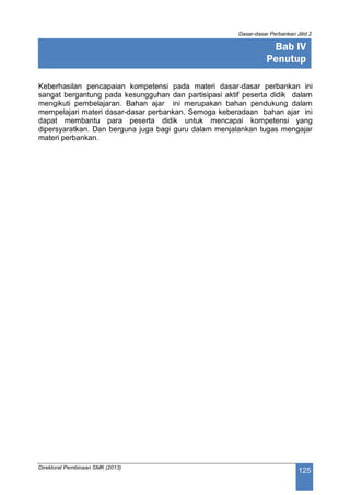 Dasar-dasar Perbankan Jilid 2
Direktorat Pembinaan SMK (2013)
125
Keberhasilan pencapaian kompetensi pada materi dasar-dasar perbankan ini
sangat bergantung pada kesungguhan dan partisipasi aktif peserta didik dalam
mengikuti pembelajaran. Bahan ajar ini merupakan bahan pendukung dalam
mempelajari materi dasar-dasar perbankan. Semoga keberadaan bahan ajar ini
dapat membantu para peserta didik untuk mencapai kompetensi yang
dipersyaratkan. Dan berguna juga bagi guru dalam menjalankan tugas mengajar
materi perbankan.
Bab IV
Penutup
 