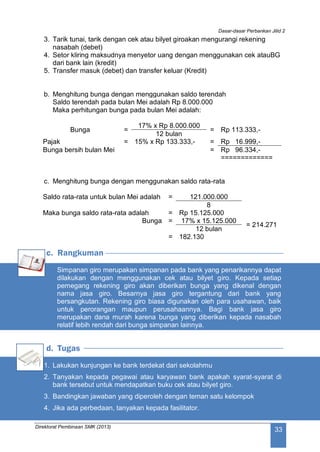 Dasar-dasar Perbankan Jilid 2
Direktorat Pembinaan SMK (2013)
33
3. Tarik tunai, tarik dengan cek atau bilyet giroakan mengurangi rekening
nasabah (debet)
4. Setor kliring maksudnya menyetor uang dengan menggunakan cek atauBG
dari bank lain (kredit)
5. Transfer masuk (debet) dan transfer keluar (Kredit)
b. Menghitung bunga dengan menggunakan saldo terendah
Saldo terendah pada bulan Mei adalah Rp 8.000.000
Maka perhitungan bunga pada bulan Mei adalah:
Bunga =
17% x Rp 8.000.000
= Rp 113.333,-
12 bulan
Pajak = 15% x Rp 133.333,- = Rp 16.999,-
Bunga bersih bulan Mei = Rp 96.334,-
=============
c. Menghitung bunga dengan menggunakan saldo rata-rata
Saldo rata-rata untuk bulan Mei adalah = 121.000.000
8
Maka bunga saldo rata-rata adalah = Rp 15.125.000
Bunga = 17% x 15.125.000
= 214.271
12 bulan
= 182.130
c. Rangkuman
Simpanan giro merupakan simpanan pada bank yang penarikannya dapat
dilakukan dengan menggunakan cek atau bilyet giro. Kepada setiap
pemegang rekening giro akan diberikan bunga yang dikenal dengan
nama jasa giro. Besarnya jasa giro tergantung dari bank yang
bersangkutan. Rekening giro biasa digunakan oleh para usahawan, baik
untuk perorangan maupun perusahaannya. Bagi bank jasa giro
merupakan dana murah karena bunga yang diberikan kepada nasabah
relatif lebih rendah dari bunga simpanan lainnya.
d. Tugas
1. Lakukan kunjungan ke bank terdekat dari sekolahmu
2. Tanyakan kepada pegawai atau karyawan bank apakah syarat-syarat di
bank tersebut untuk mendapatkan buku cek atau bilyet giro.
3. Bandingkan jawaban yang diperoleh dengan teman satu kelompok
4. Jika ada perbedaan, tanyakan kepada fasilitator.
 