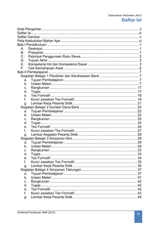 Dasar-dasar Perbankan Jilid 2
Direktorat Pembinaan SMK (2013)
iii
Daftar Isi
Kata Pengantar ..........................................................................................................ii
Daftar Isi....................................................................................................................iii
Daftar Gambar ...........................................................................................................v
Peta Kedudukan Bahan Ajar ....................................................................................vi
Bab I Pendahuluan ................................................................................................... 1
A. Deskripsi........................................................................................................ 1
B. Prasyarat ....................................................................................................... 1
C. Petunjuk Penggunaan Buku Siswa............................................................... 2
D. Tujuan Akhir .................................................................................................. 3
E. Kompetensi Inti dan Kompetensi Dasar ....................................................... 3
F. Cek Kemampuan Awal.................................................................................. 6
Bab II Pembelajaran ................................................................................................. 7
Kegiatan Belajar 1 Pendirian dan Kerahasiaan Bank .......................................... 7
a. Tujuan Pembelajaran ................................................................................. 7
b. Uraian Materi.............................................................................................. 7
c. Rangkuman .............................................................................................. 17
d. Tugas........................................................................................................ 17
e. Tes Formatif ............................................................................................. 18
f. Kunci Jawaban Tes Formatif.................................................................... 19
g. Lembar Kerja Peserta Didik ..................................................................... 21
Kegiatan Belajar 2 Sumber Dana Bank.............................................................. 22
a. Tujuan Pembelajaran ............................................................................... 22
b. Uraian Materi............................................................................................ 22
c. Rangkuman .............................................................................................. 25
d. Tugas........................................................................................................ 25
e. Tes Formatif ............................................................................................. 26
f. Kunci Jawaban Tes Formatif.................................................................... 27
g. Lembar Kegiatan Peserta Didik ............................................................... 28
Kegiatan Belajar 3 Simpanan Giro...................................................................... 29
a. Tujuan Pembelajaran ............................................................................... 29
b. Uraian Materi............................................................................................ 29
c. Rangkuman .............................................................................................. 33
d. Tugas........................................................................................................ 33
e. Tes Formatif ............................................................................................. 34
f. Kunci Jawaban Tes Formatif.................................................................... 35
g. Lembar Kerja Peserta Didik ..................................................................... 36
Kegiatan Belajar 4 Simpanan Tabungan............................................................ 37
a. Tujuan Pembelajaran ............................................................................... 37
b. Uraian Materi............................................................................................ 37
c. Rangkuman .............................................................................................. 42
d. Tugas........................................................................................................ 42
e. Tes Formatif ............................................................................................. 42
f. Kunci Jawaban Tes Formatif.................................................................... 43
g. Lembar Kerja Peserta Didik ..................................................................... 45
 