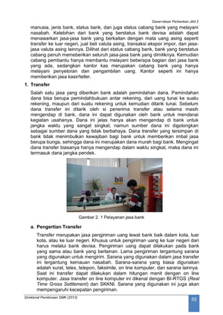 Dasar-dasar Perbankan Jilid 2
Direktorat Pembinaan SMK (2013)
55
manusia, jenis bank, status bank, dan juga status cabang bank yang melayani
nasabah. Kelebihan dari bank yang berstatus bank devisa adalah dapat
menawarkan jasa-jasa bank yang berkaitan dengan mata uang asing seperti
transfer ke luar negeri, jual beli valuta asing, transaksi ekspor impor, dan jasa-
jasa valuta asing lainnya. Dilihat dari status cabang bank, bank yang berstatus
cabang penuh memeberikan seluruh jasa-jasa bank yang dimiliknya. Kemudian
cabang pembantu hanya membantu melayani beberapa bagian dari jasa bank
yang ada, sedangkan kantor kas merupakan cabang bank yang hanya
melayani penyetoran dan pengambilan uang. Kantor seperti ini hanya
memberikan jasa kasir/teller.
1. Transfer
Salah satu jasa yang diberikan bank adalah pemindahan dana. Pemindahan
dana bisa berupa pemindahbukuan antar rekening, dari uang tunai ke suatu
rekening, maupun dari suatu rekening untuk kemudian ditarik tunai. Sebelum
dana transfer ini ditarik oleh si penerima transfer atau selama masih
mengendap di bank, dana ini dapat digunakan oleh bank untuk mendanai
kegiatan usahanya. Dana ini jelas hanya akan mengendap di bank untuk
jangka waktu yang sangat singkat, namun sumber dana ini digolongkan
sebagai sumber dana yang tidak berbahaya. Dana transfer yang tersimpan di
bank tidak menimbulkan kewajiban bagi bank untuk memberikan imbal jasa
berupa bunga, sehingga dana ini merupakan dana murah bagi bank. Mengingat
dana transfer biasanya hanya mengendap dalam waktu singkat, maka dana ini
termasuk dana jangka pendek.
Gambar 2. 1 Pelayanan jasa bank
a. Pengertian Transfer
Transfer merupakan jasa pengiriman uang lewat bank baik dalam kota, luar
kota, atau ke luar negeri. Khusus untuk pengiriman uang ke luar negeri dari
harus melalui bank devisa. Pengiriman uang dapat dilakukan pada bank
yang sama atau bank yang berlainan. Lama pengiriman tergantung sarana
yang digunakan untuk mengirim. Sarana yang digunakan dalam jasa transfer
ini tergantung kemauan nasabah. Sarana-sarana yang biasa digunakan
adalah surat, telex, telepon, faksimile, on line komputer, dan sarana lainnya.
Saat ini transfer dapat dilakukan dalam hitungan menit dengan on line
komputer. Jasa transfer on line komputer ini dikenal dengan BI-RTGS (Real
Time Gross Settlement) dan SKKNI. Sarana yang digunakan ini juga akan
mempengaruhi kecepatan pengiriman.
 