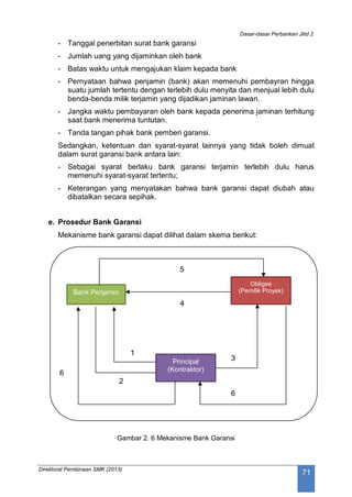 Dasar-dasar Perbankan Jilid 2
Direktorat Pembinaan SMK (2013)
71
- Tanggal penerbitan surat bank garansi
- Jumlah uang yang dijaminkan oleh bank
- Batas waktu untuk mengajukan klaim kepada bank
- Pernyataan bahwa penjamin (bank) akan memenuhi pembayran hingga
suatu jumlah tertentu dengan terlebih dulu menyita dan menjual lebih dulu
benda-benda milik terjamin yang dijadikan jaminan lawan.
- Jangka waktu pembayaran oleh bank kepada penerima jaminan terhitung
saat bank menerima tuntutan.
- Tanda tangan pihak bank pemberi garansi.
Sedangkan, ketentuan dan syarat-syarat lainnya yang tidak boleh dimuat
dalam surat garansi bank antara lain:
- Sebagai syarat berlaku bank garansi terjamin terlebih dulu harus
memenuhi syarat-syarat tertentu;
- Keterangan yang menyatakan bahwa bank garansi dapat diubah atau
dibatalkan secara sepihak.
e. Prosedur Bank Garansi
Mekanisme bank garansi dapat dilihat dalam skema berikut:
Gambar 2. 6 Mekanisme Bank Garansi
Bank Penjamin
Obligee
(Pemilik Proyek)
Principal
(Kontraktor)
5
4
1
6
2
6
3
 