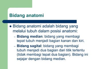Bidang anatomi
 Bidang anatomi adalah bidang yang
melalui tubuh dalam posisi anatomi:
– Bidang median: bidang yang membagi
tepat tubuh menjadi bagian kanan dan kiri.
– Bidang sagital: bidang yang membagi
tubuh menjadi dua bagian dari titik tertentu
(tidak membagi tepat dua bagian). Bidang ini
sejajar dengan bidang median.
 