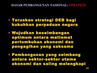 Teruskan strategi DEB bagi kukuhkan perpaduan negara Wujudkan keseimbangan optimum antara matlamat pertumbuhan ekonomi dan pengagihan yang saksama Pembangunan yang seimbang antara sektor-sektor utama ekonomi dan saling melengkapi DASAR PEMBANGUNAN NASIONAL:  STRATEGI 