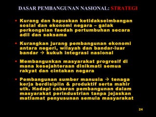 Kurang dan hapuskan ketidakseimbangan sosial dan ekonomi negara – galak perkongsian faedah pertumbuhan secara adil dan saksama Kurangkan jurang pembangunan ekonomi antara negeri, wilayah dan bandar-luar bandar    kukuh integrasi nasional Membangunkan masyarakat progresif di mana kesejahteraan dinikmati semua rakyat dan cintakan negara Pembangunan sumber manusia    tenaga kerja berdisiplin & produktif serta mahir utk. Hadapi cabaran pembangunan dalam masyarakat perindustrian tanpa jejaskan matlamat penyusunan semula masyarakat DASAR PEMBANGUNAN NASIONAL:  STRATEGI 