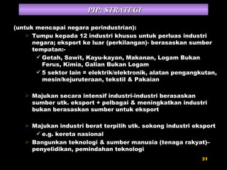 (untuk mencapai negara perindustrian): Tumpu kepada 12 industri khusus untuk perluas industri negara; eksport ke luar (perkilangan)- berasaskan sumber tempatan:- Getah, Sawit, Kayu-kayan, Makanan, Logam Bukan Ferus, Kimia, Galian Bukan Logam 5 sektor lain = elektrik/elektronik, alatan pengangkutan, mesin/kejuruteraan, tekstil & Pakaian Majukan secara intensif industri-industri berasaskan sumber utk. eksport + pelbagai & meningkatkan industri bukan berasaskan sumber untuk eksport Majukan industri berat terpilih utk. sokong industri eksport e.g. kereta nasional Bangunkan teknologi & sumber manusia (tenaga rakyat)–penyelidikan, pemindahan teknologi PIP: STRATEGI 